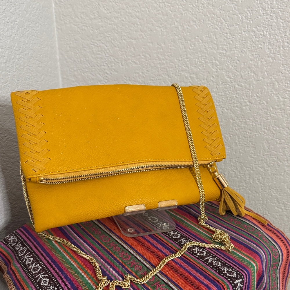 Moda Luxe Mustard Clutch with Gold Chain
